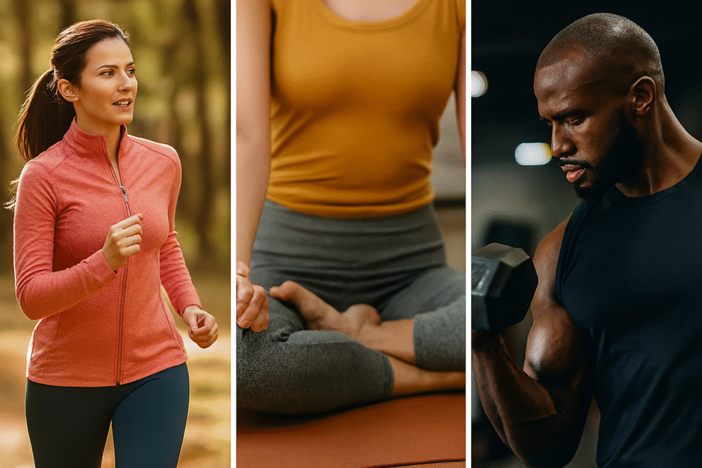 Triptych image showing three wellness activities: left panel features a woman brisk walking outdoors in athletic wear; center panel shows a person seated cross-legged on a yoga mat in a meditative pose; right panel displays a man performing a bicep curl with a dumbbell in a gym setting.