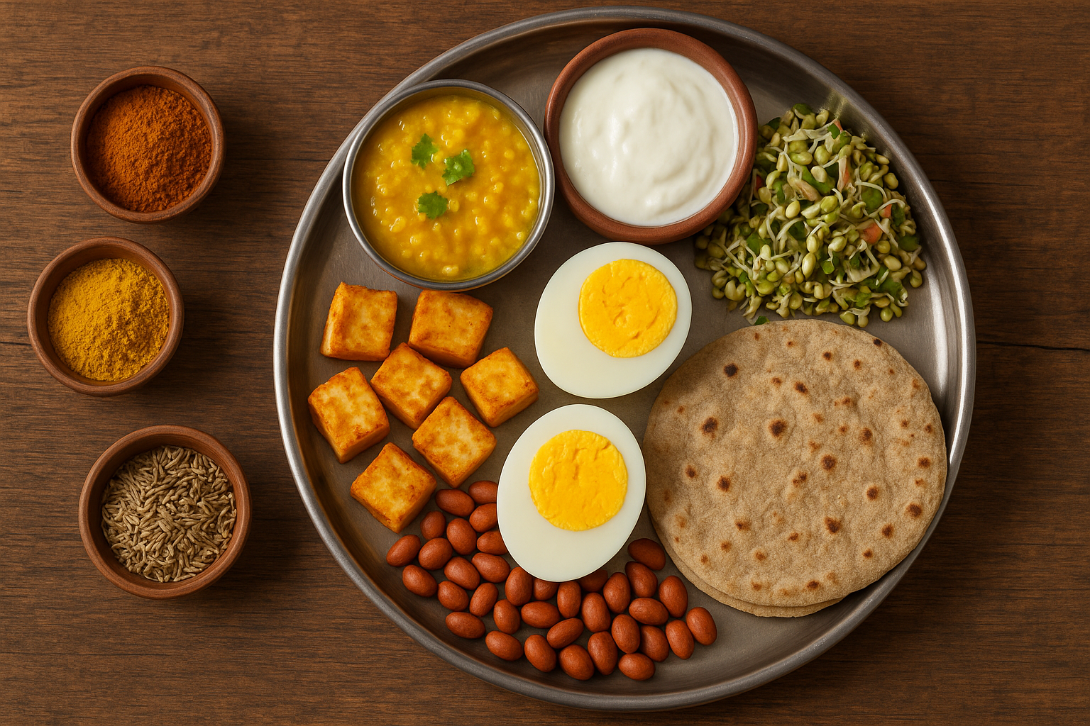 Flat lay of an Indian thali with moong dal, masoor dal, paneer cubes, boiled eggs, curd, sprouted moong salad, roasted peanuts, and bajra roti on a rustic wooden table with spices.
