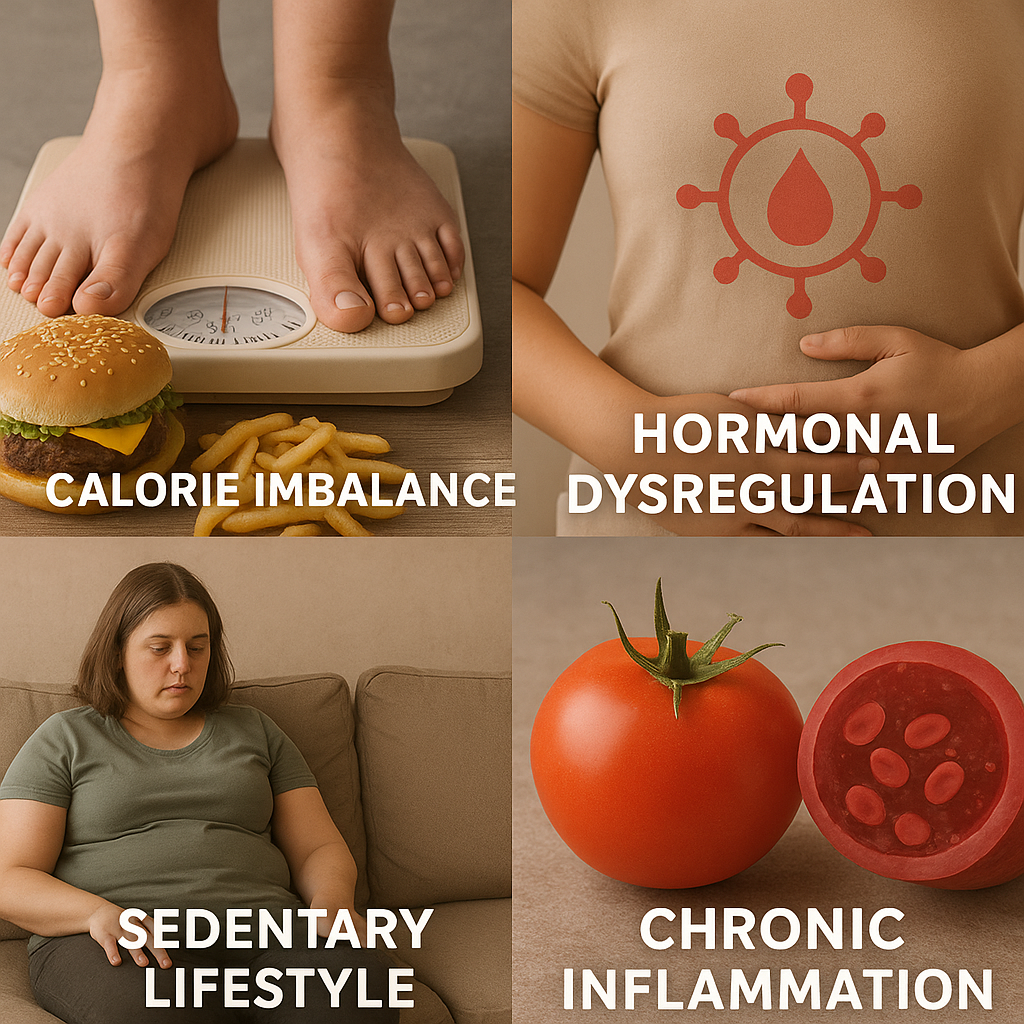 “Science-based realistic image showing obesity causes: fast food and weight scale for calorie imbalance, body with hormone symbol for hormonal dysregulation, a sedentary woman sitting on a couch, and inflamed cell imagery symbolized by tomato for chronic inflammation.”