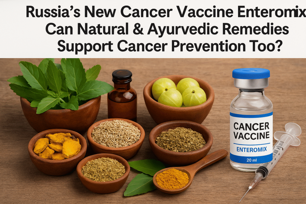 "Russia’s new cancer vaccine Enteromix alongside Ayurvedic herbs and remedies on a wooden table."
