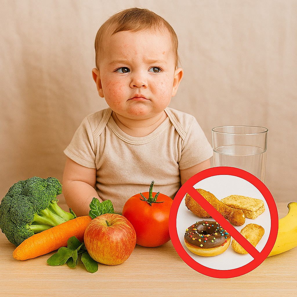 Support your baby’s skin health with fresh produce and hydration—skip the fried, sugary, and processed foods.