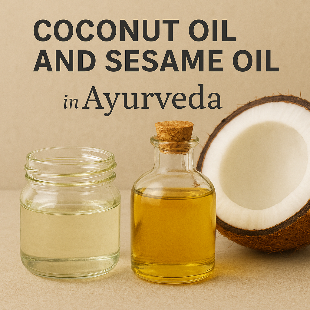 "Glass jar of coconut oil and bottle of sesame oil placed beside a halved coconut on a natural beige background."