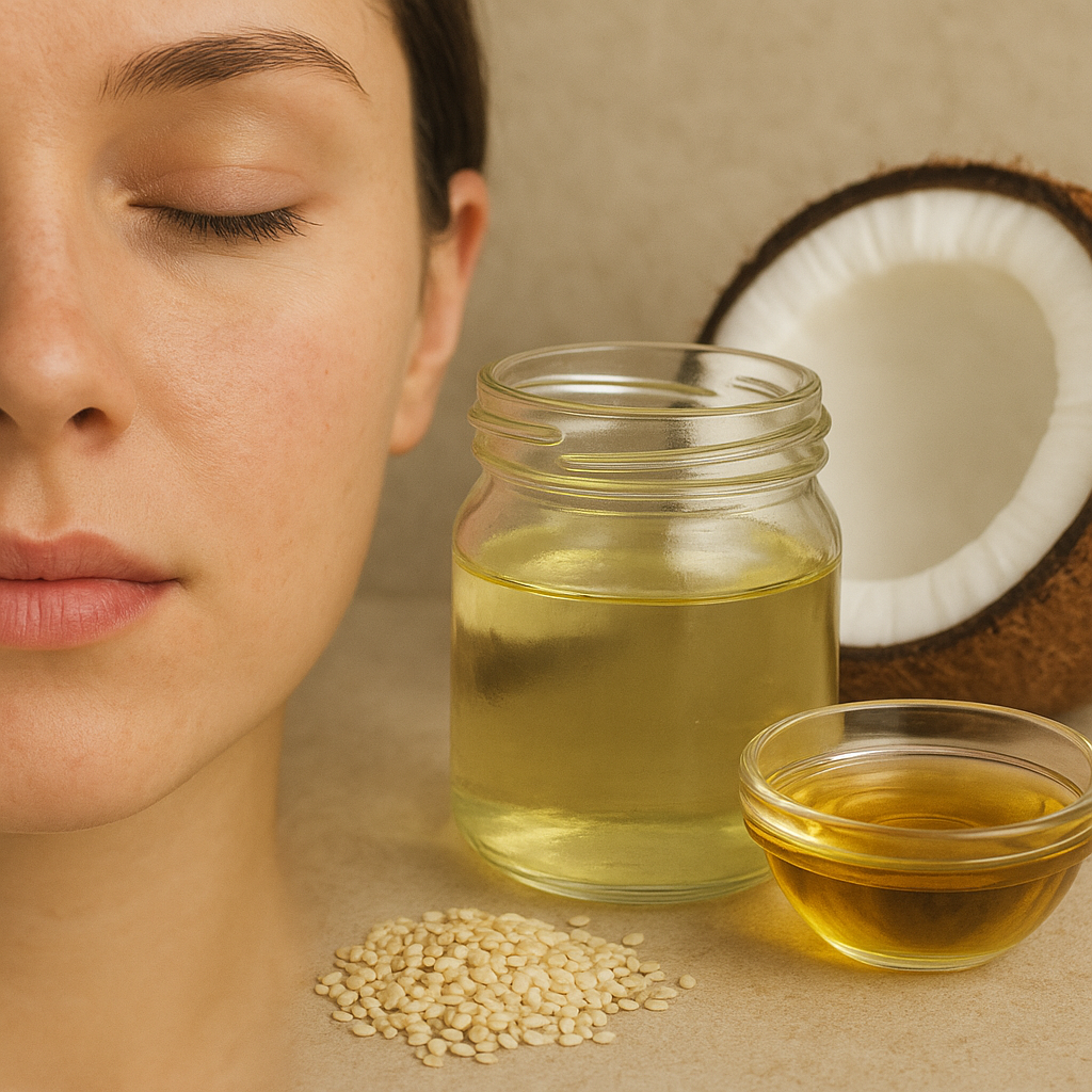 "Close-up of a woman’s calm face beside a jar of coconut oil, a bowl of sesame oil, sesame seeds, and a halved coconut."