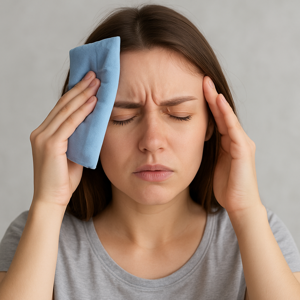 A woman pressing a cold compress against her forehead to ease migraine pain.