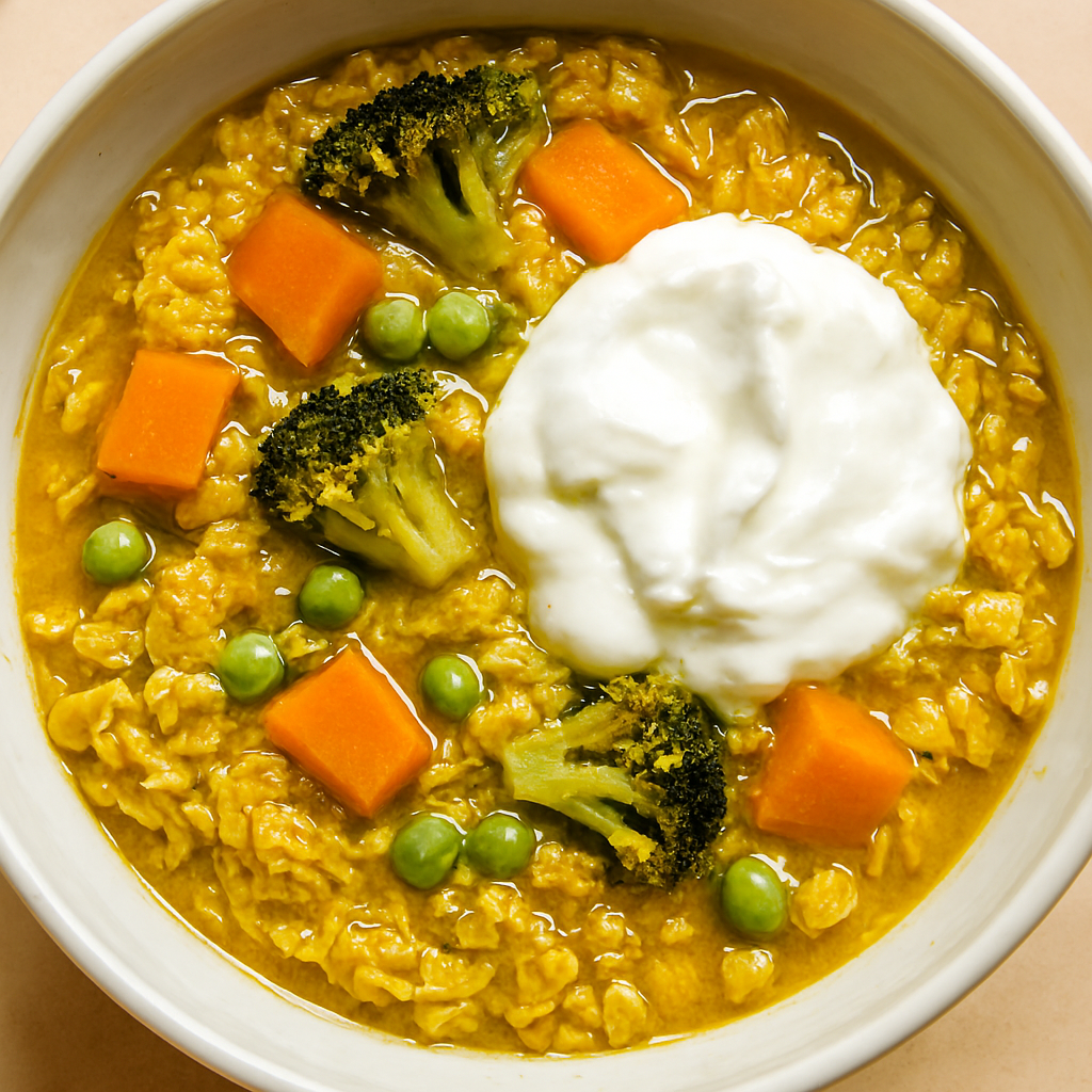 A bowl of cooked rolled oats with turmeric, ginger, carrots, peas, and broccoli, topped with a dollop of curd and served warm.