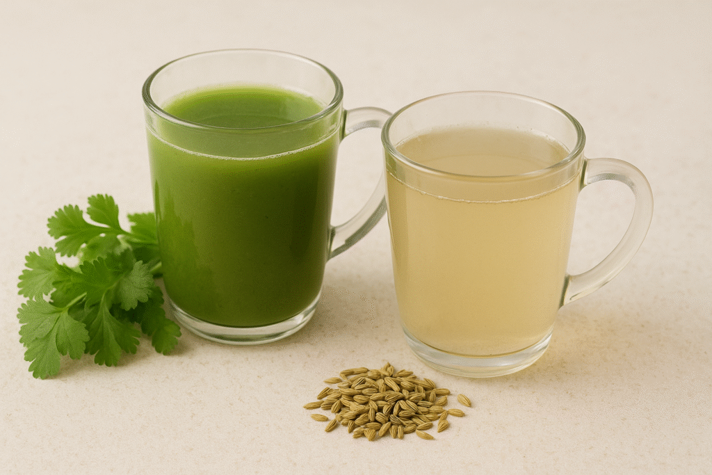 Two glass mugs filled with coriander water and fennel water, placed on a light background with fresh coriander leaves and fennel seeds nearby.