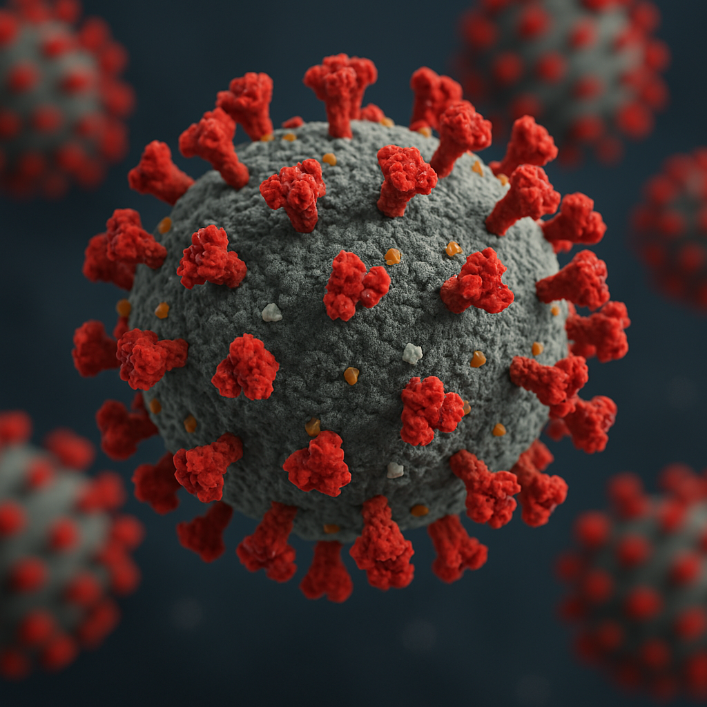 Realistic 3D image of a COVID-19 virus particle with red spike proteins protruding from a textured gray surface, set against a dark background.