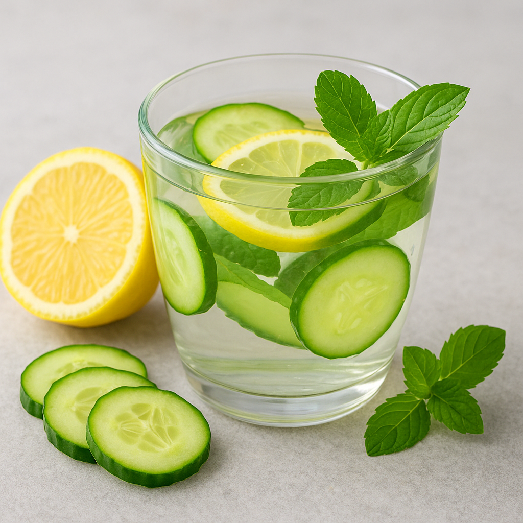 A glass of infused water with cucumber slices, lemon wedge, and fresh mint leaves on a gray surface.
