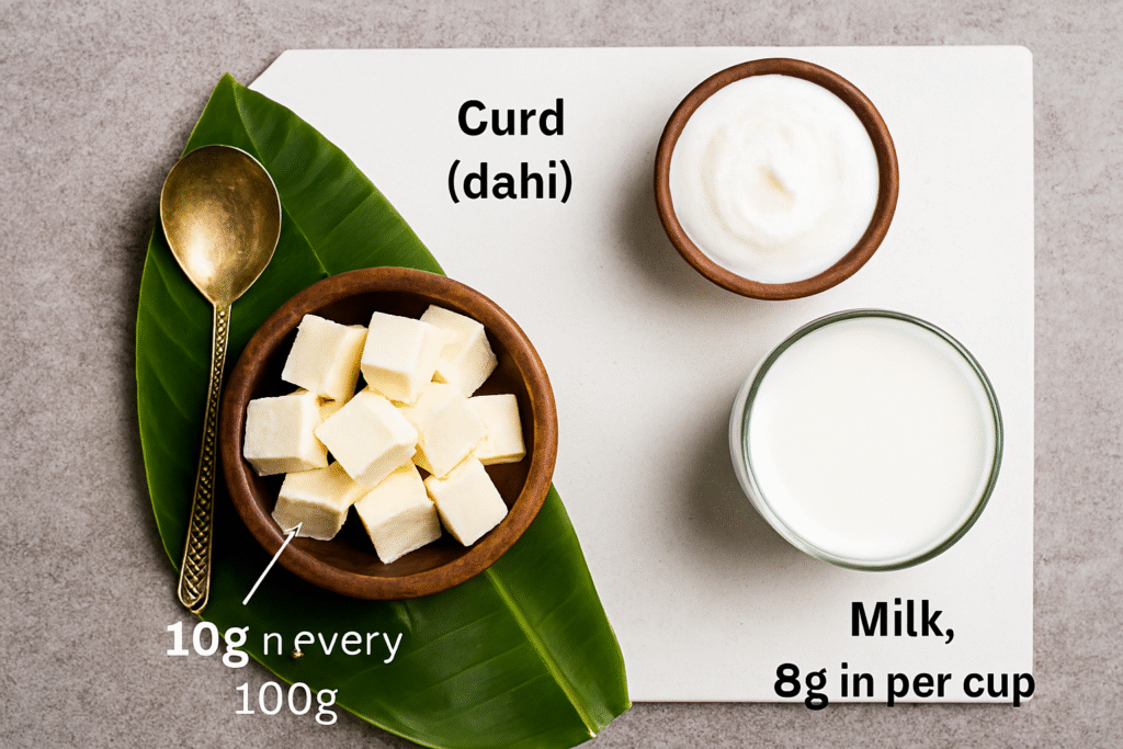 Flat lay of paneer cubes in a ceramic bowl, curd in an earthenware dish, and a glass of milk on a white surface with a banana leaf and brass spoon; annotated with protein values for each item.