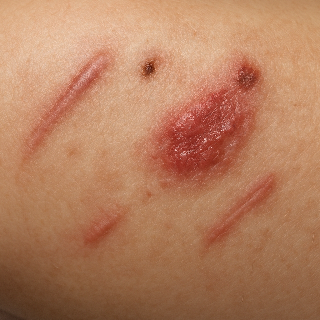 Close-up of human skin showing scars, cuts, and an inflamed wound indicating delayed healing and infection.