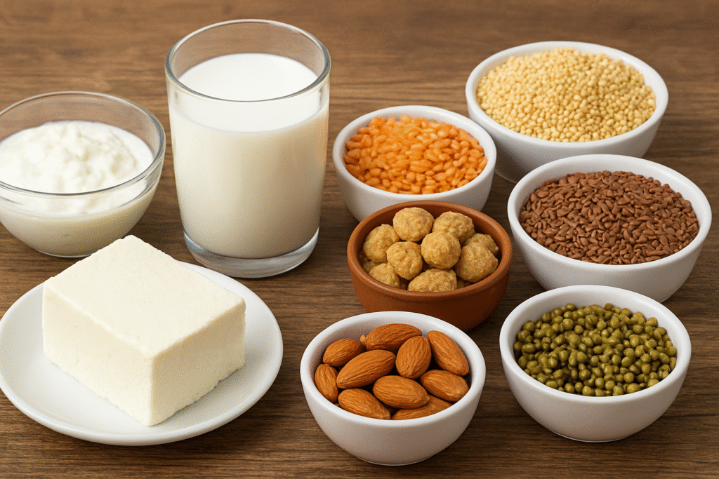 Paneer, curd, and milk on the left side with bowls of millets, pulses, seeds, nuts, and soy chunks on the right side showing dairy and non-dairy protein sources.