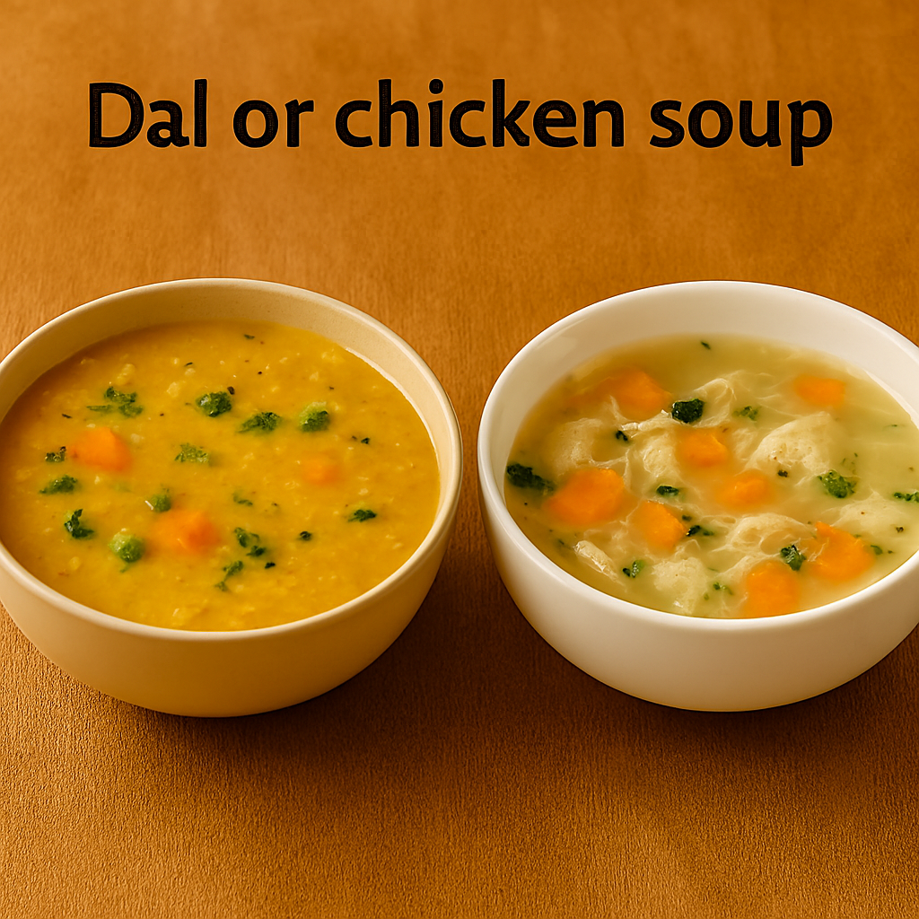 A realistic 3D image showing two bowls side by side on a wooden surface: one filled with thick yellow dal containing peas, carrots, and herbs; the other with light chicken soup featuring shredded chicken, diced carrots, and fresh herbs. Text above reads “Dal or chicken soup.”