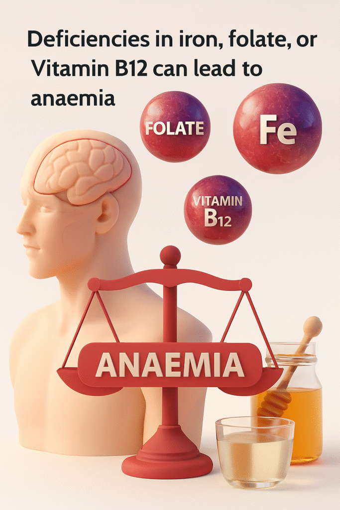 3D-rendered image of a semi-transparent human figure with a red scale labeled “ANAEMIA” on the chest, surrounded by molecular spheres for iron (Fe), folate, and Vitamin B12, illustrating nutrient deficiencies that cause anaemia.