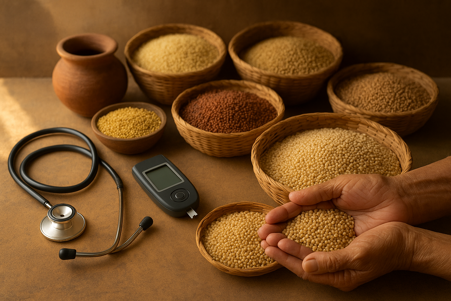 “Assortment of Indian millets in woven baskets with a stethoscope and glucometer, symbolizing Ayurvedic remedies for diabetes management.”