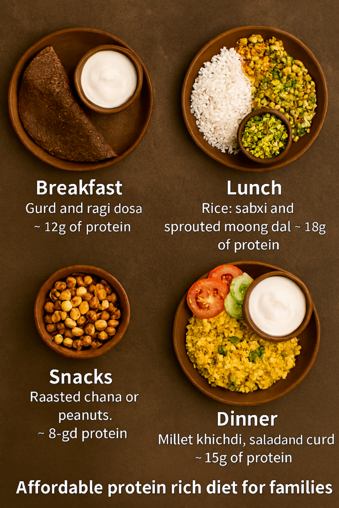 Flat lay of four traditional Indian meals—ragi dosa with curd, rice with sabzi and sprouted moong dal, roasted chana or peanuts, and millet khichdi with salad and curd—each labeled with its protein content, arranged on a rustic brown background.