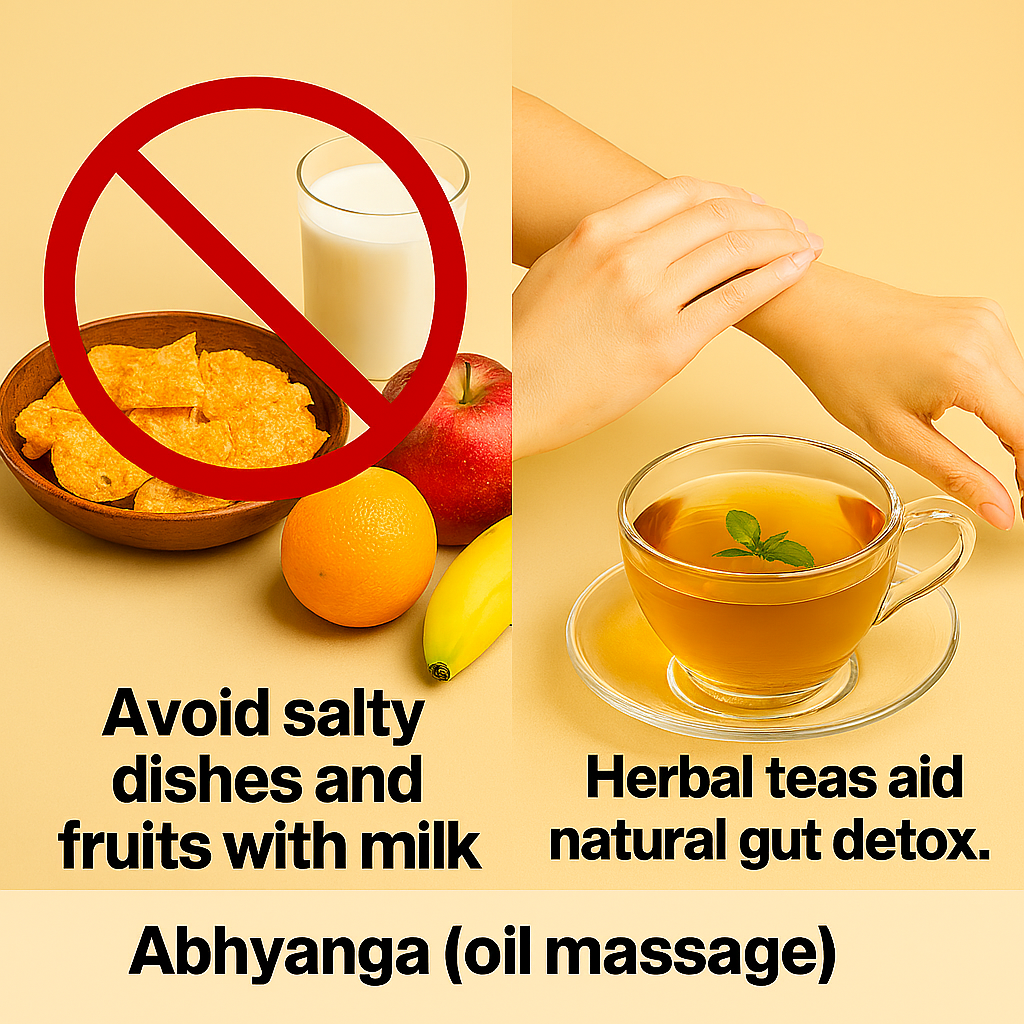 Split image showing a red “avoid” symbol over salty snacks and fruit with milk on the left, and on the right, a glass of herbal tea with tulsi leaves and a hand applying oil massage to the forearm—set against a warm beige background.