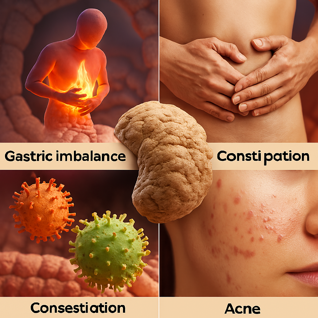 3D-rendered collage showing signs of digestive imbalance: inflamed stomach lining, abdominal pain, constipation, acne-prone skin, and viral particles—each element labeled and set against a textured intestinal background.