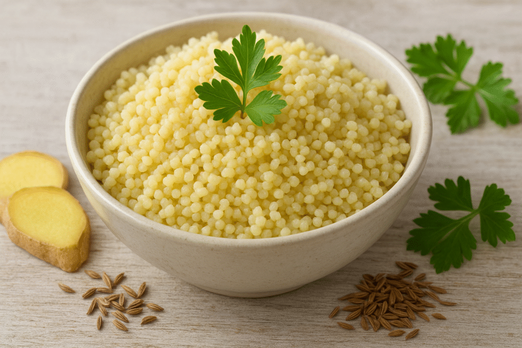 A bowl of soaked millet garnished with parsley, surrounded by ginger slices and cumin seeds on a wooden surface.