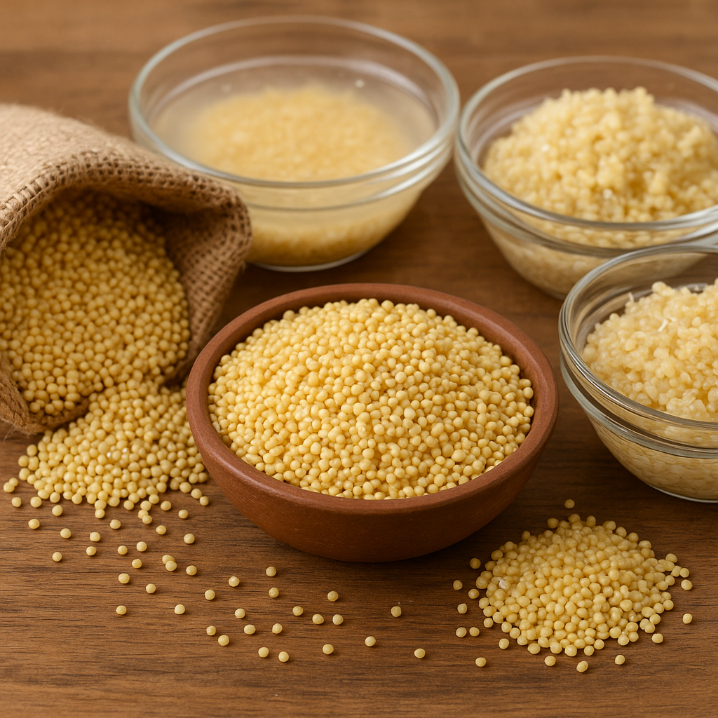 “Bowls showing millets soaked, sprouted, and partially cooked on a rustic wooden surface, highlighting Ayurvedic methods to lower GI before cooking.”
