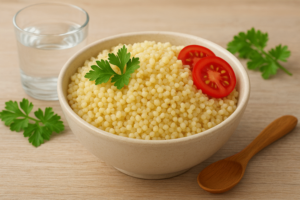 A bowl of fluffy cooked millet garnished with parsley and tomato slices, placed on a wooden surface with a glass of water and a wooden spoon.
