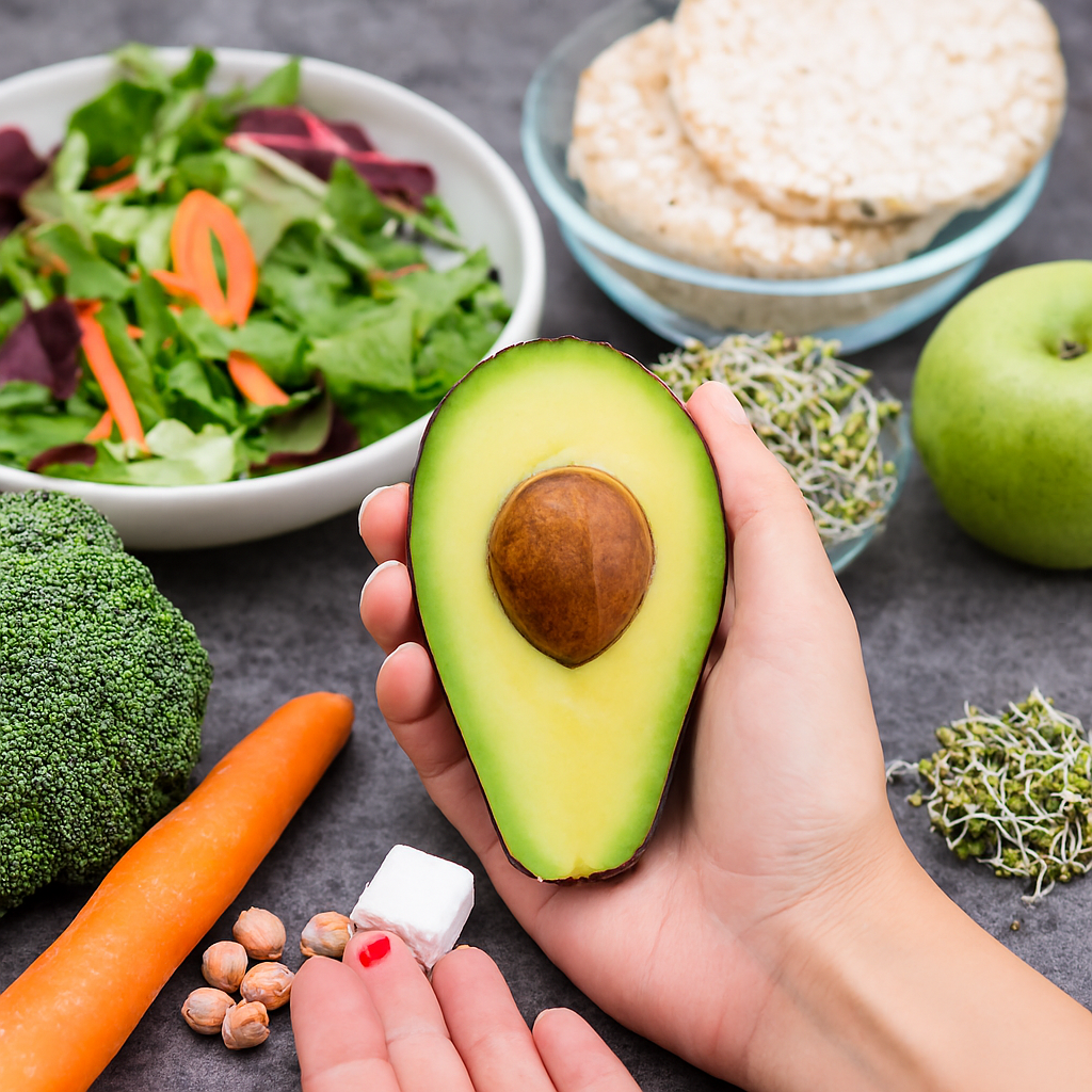 A hand holds a halved avocado surrounded by fresh broccoli, carrot, chickpeas, salad greens, rice cakes, and sprouts—highlighting fiber-rich, unprocessed foods ideal for metabolic wellness.
