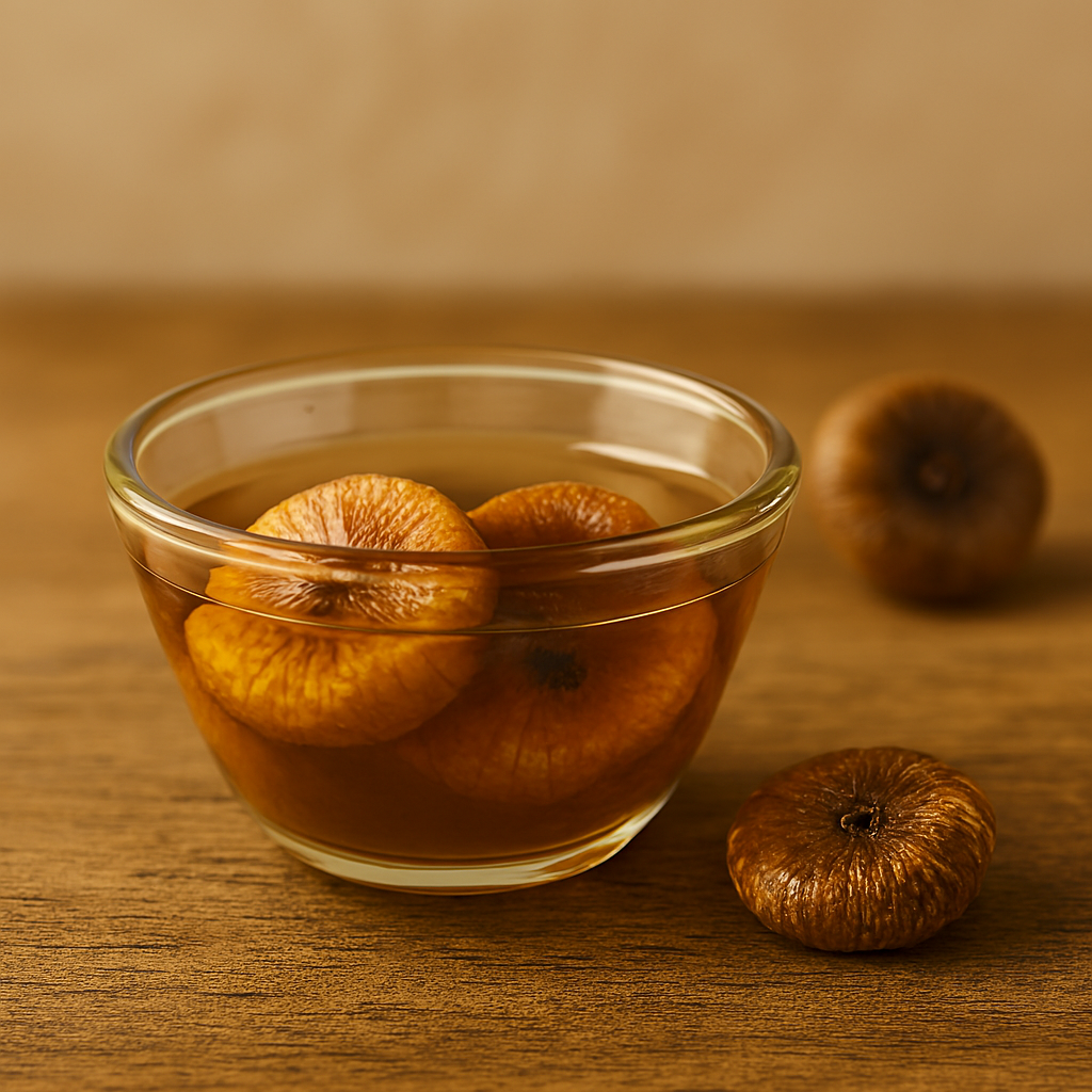 Glass bowl with two soaked figs in golden liquid on a wooden surface, with dried figs in the background.