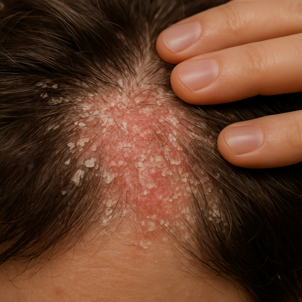 Close-up of a scalp with redness, white flakes, and inflammation showing signs of psoriasis or dermatitis.