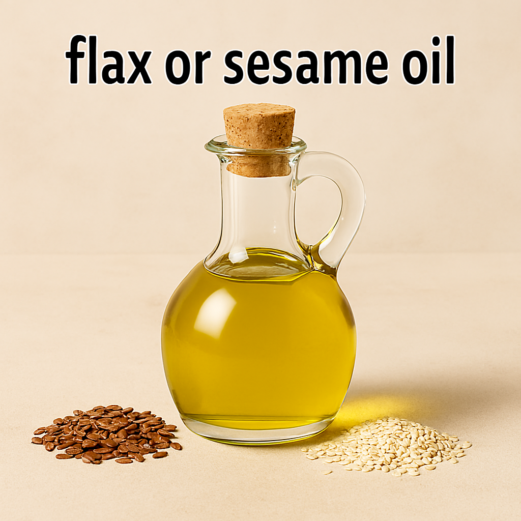 A clear glass bottle of golden flax or sesame oil placed between two piles of seeds—reddish-brown flaxseeds on the left and off-white sesame seeds on the right—on a beige textured surface with the text “flax or sesame oil” above.