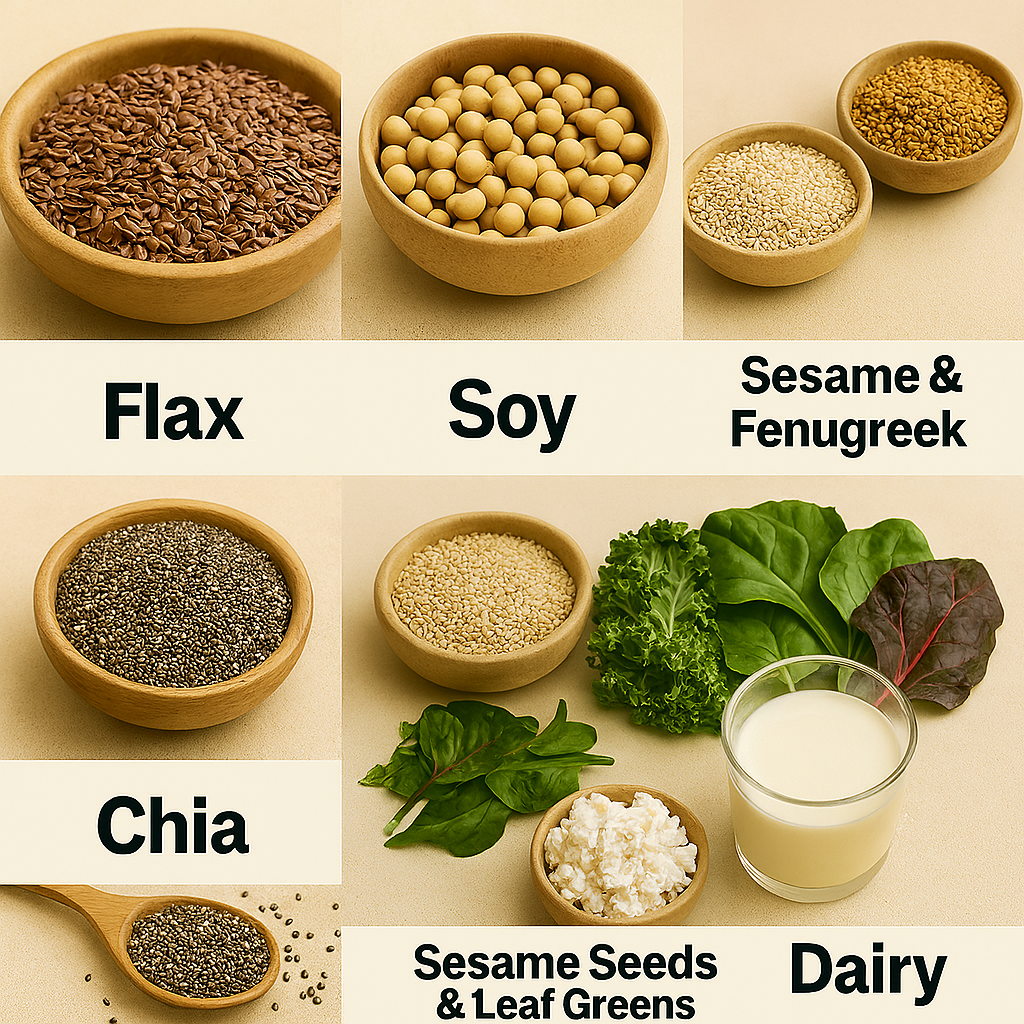 Realistic collage of flax seeds, soybeans, sesame seeds, fenugreek seeds, ajwain (agi), leafy greens (kale, spinach, Swiss chard), and dairy products (milk and cottage cheese), each labeled and arranged with soft lighting on a neutral background.
