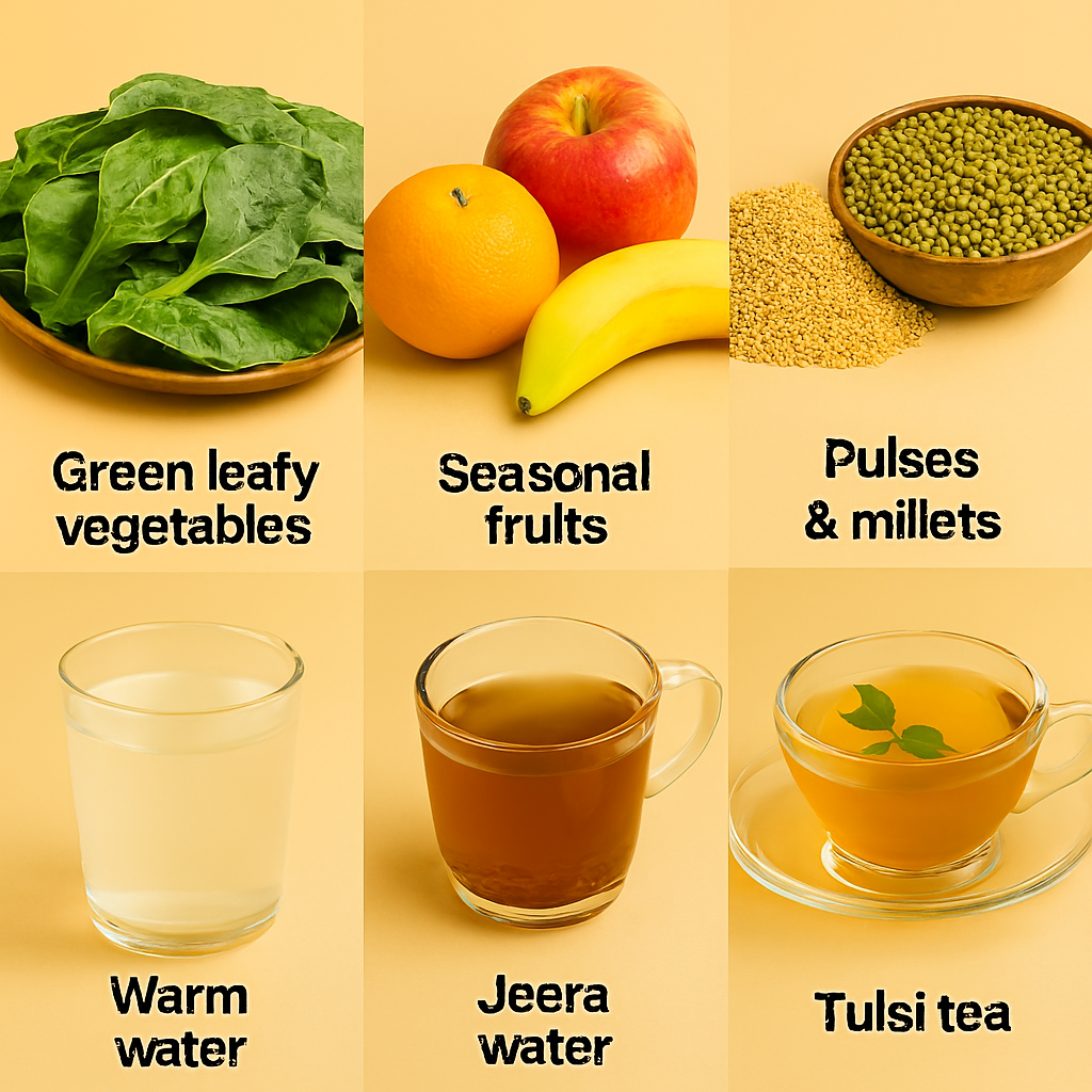 Realistic collage featuring green leafy vegetables (spinach), seasonal fruits (apple, orange, banana), pulses (mung beans), millets (foxtail millet), a glass of warm water, jeera water with cumin seeds, and tulsi tea with fresh basil leaves—arranged on a warm beige background.