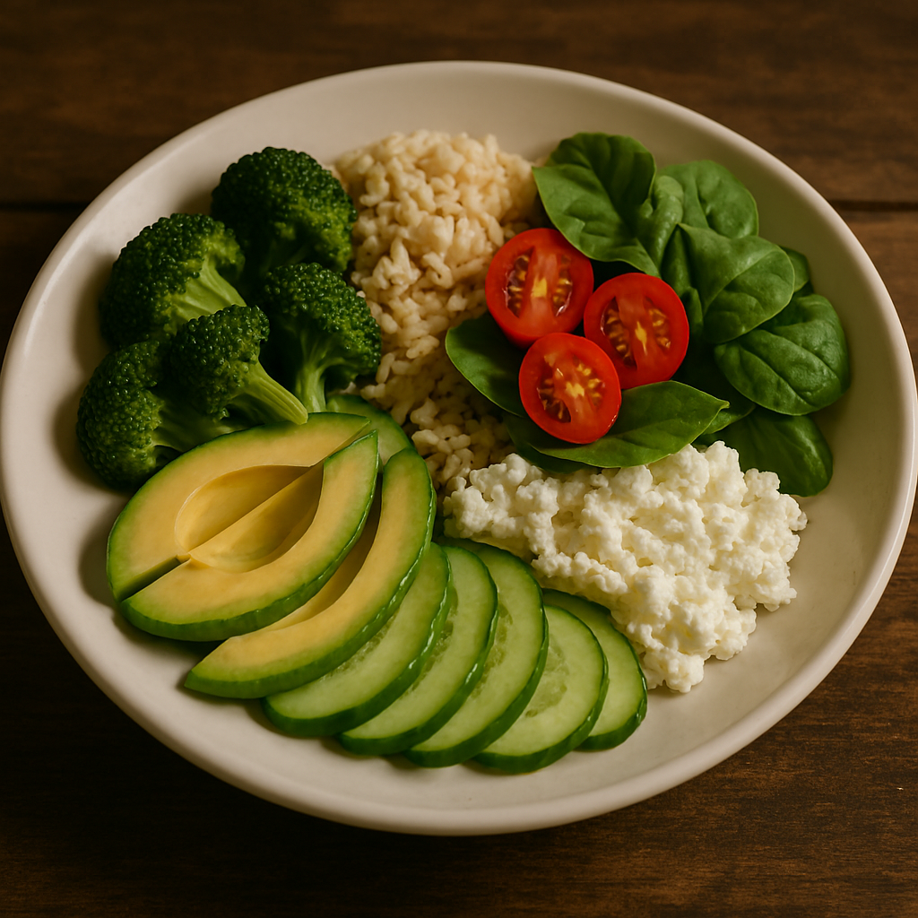 A white ceramic plate with fresh sattvic foods including steamed broccoli, brown rice, spinach with cherry tomatoes, cottage cheese, avocado slices, and cucumber, arranged on a rustic wooden surface.