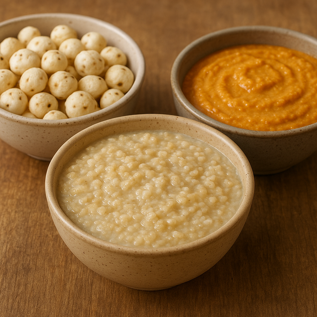 Three ceramic bowls containing puffed foxnuts, creamy quinoa porridge, and orange lentil batter arranged on a wooden surface.