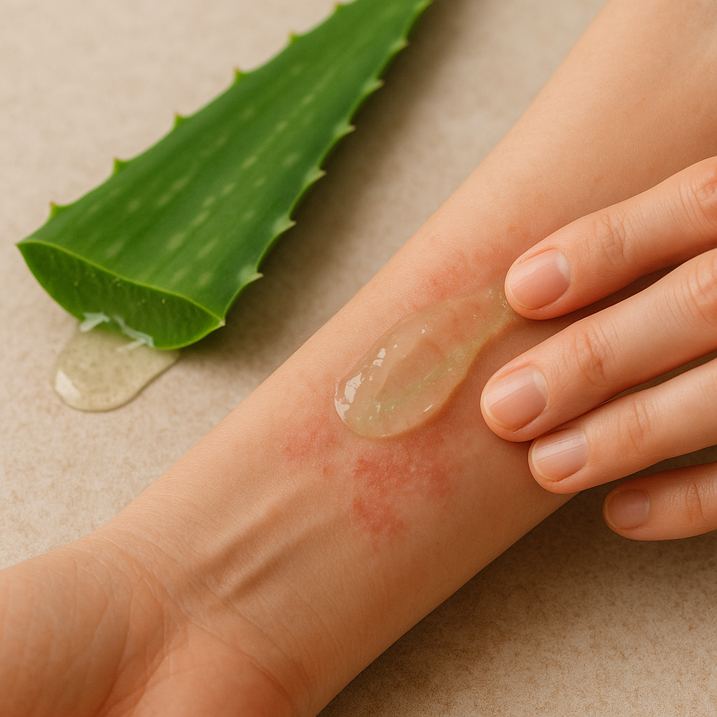 "Hand applying fresh aloe vera gel from a cut leaf onto red, irritated skin patches on the arm."