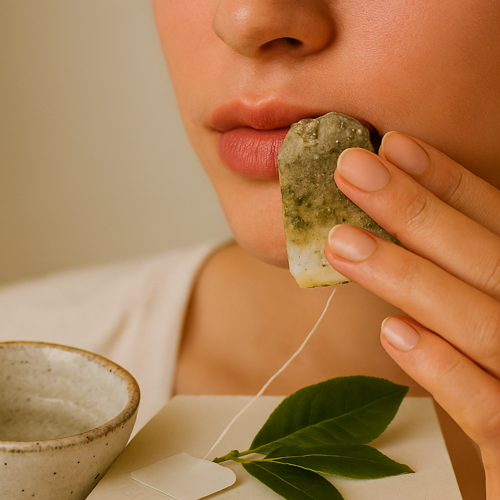 Close-up of a woman pressing a damp green tea bag against her lips with her fingers; fresh green tea leaves and a ceramic bowl rest nearby on a white surface.