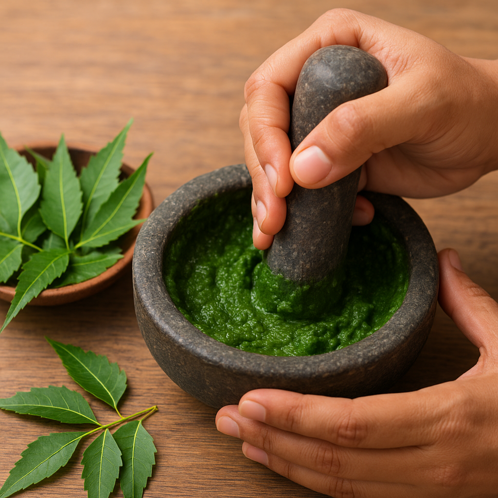 Hands grinding fresh neem leaves into a green paste using a stone mortar and pestle, with neem leaves in a bowl nearby, symbolizing Ayurvedic home remedies for rashes in kids.
