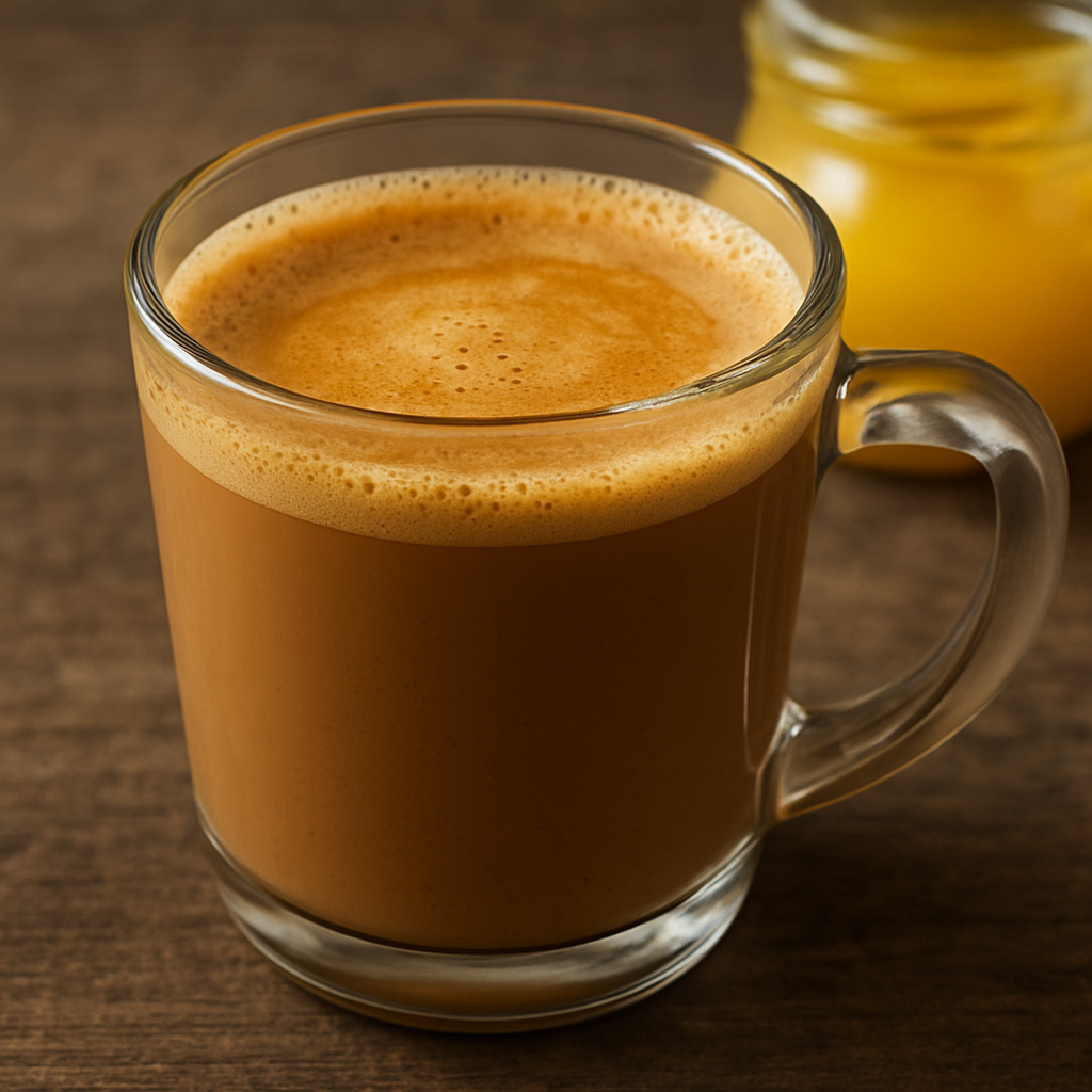 A clear glass mug filled with frothy ghee coffee placed on a rustic wooden table.