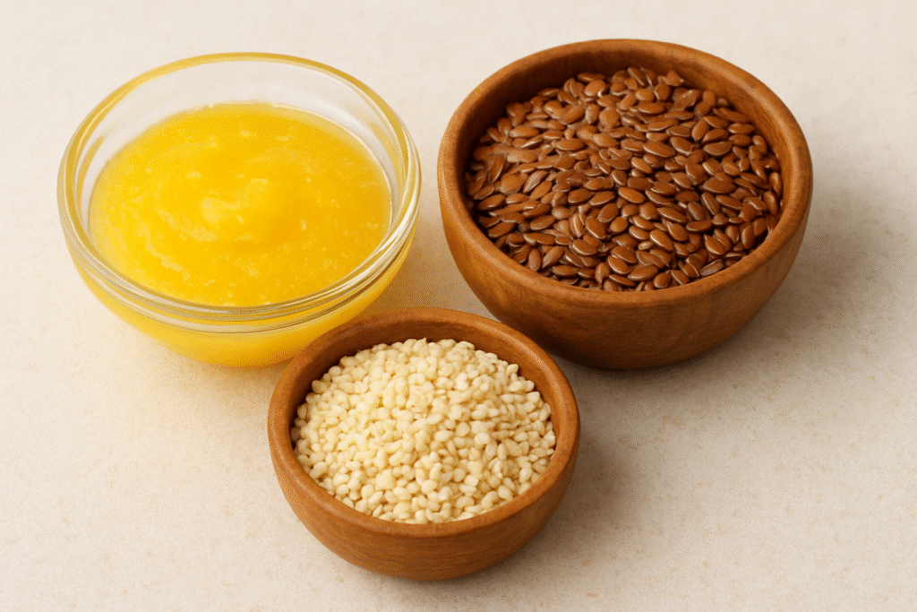 A glass bowl of yellow ghee, a wooden bowl of flax seeds, and a wooden bowl of sesame seeds arranged on a neutral surface