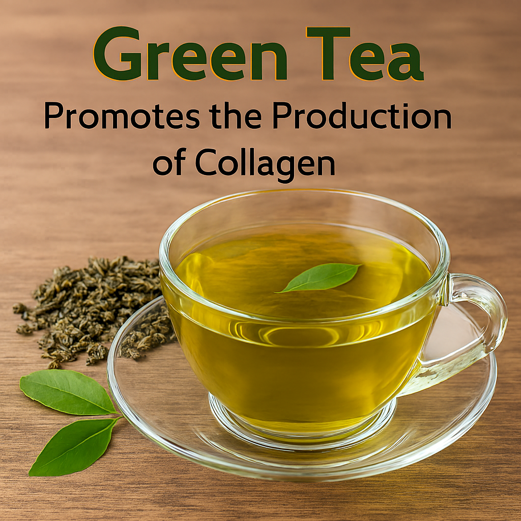 A glass cup of golden-green tea with a floating tea leaf sits on a rustic wooden surface beside loose green tea leaves and fresh tea leaves. Text above reads “Green Tea – Promotes the Production of Collagen.”