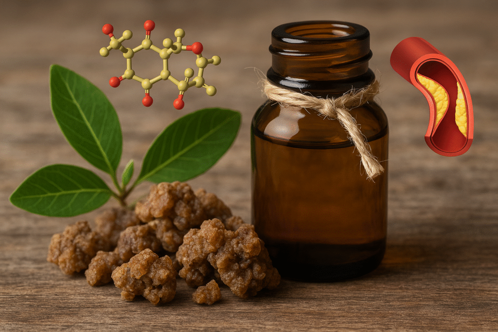 Guggul resin with leaves and bottle, shown alongside a cholesterol molecule and artery cross-section.