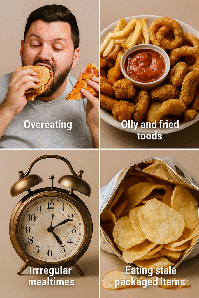 Four-panel image showing unhealthy eating habits: a man overeating with pizza and a burger, a platter of fried foods including onion rings and chicken tenders, a brass alarm clock symbolizing irregular mealtimes, and an open foil snack bag filled with stale potato chips.