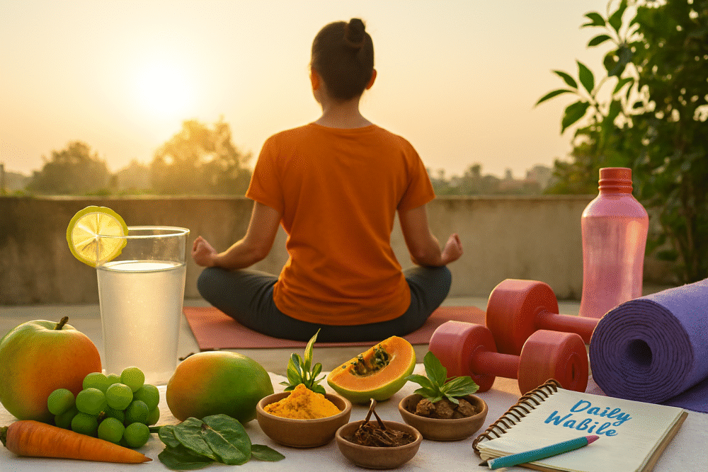 Realistic photo of a person meditating at sunrise on a yoga mat, surrounded by lemon water, fresh fruits and vegetables, Ayurvedic herbs in bowls, dumbbells, a rolled yoga mat, and a journal labeled “Daily Habits.”