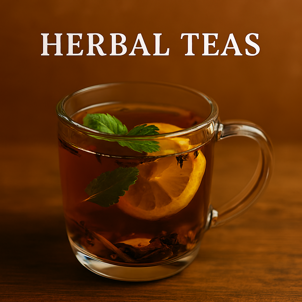 Photograph of a clear glass mug filled with amber herbal tea, garnished with lemon slices and mint leaves, placed on a rustic wooden surface.