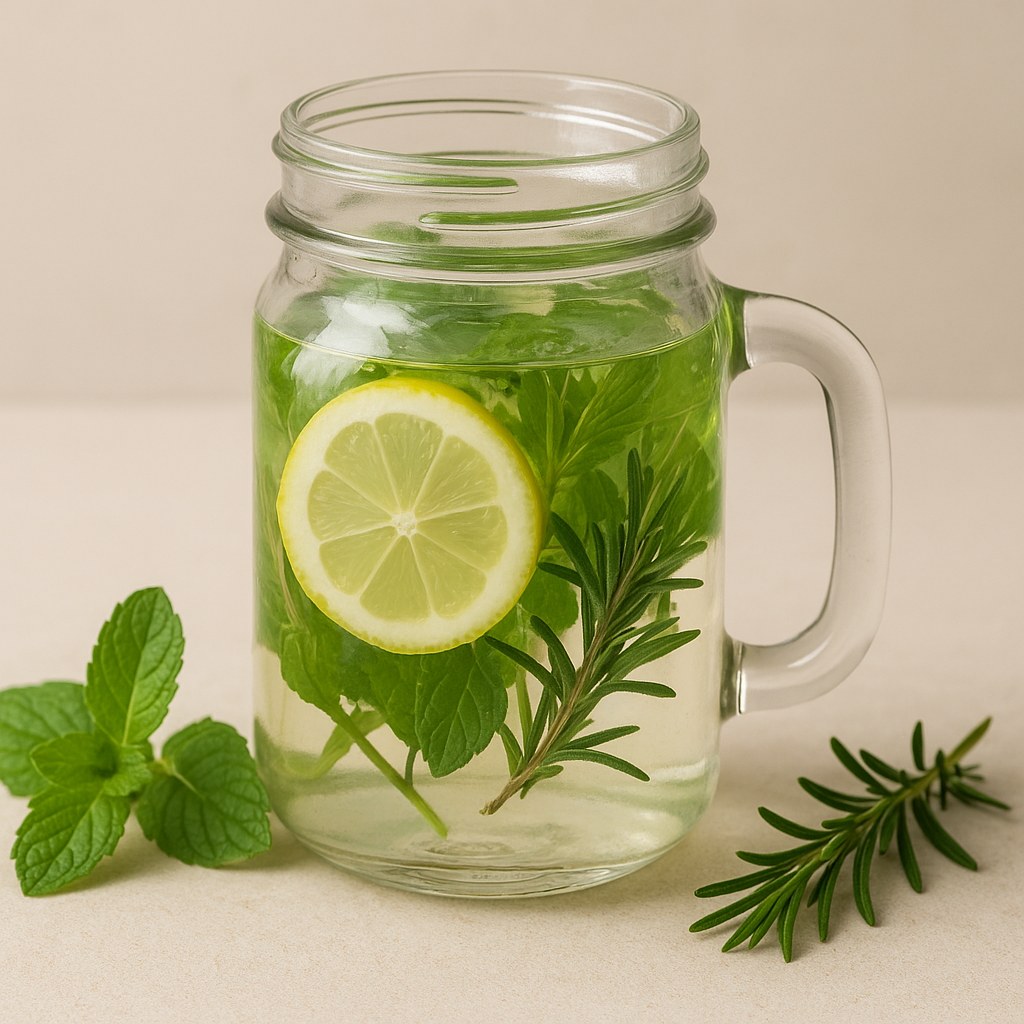 A mason jar filled with detox water containing lemon slices, fresh mint leaves, and rosemary sprigs, placed on a neutral background.