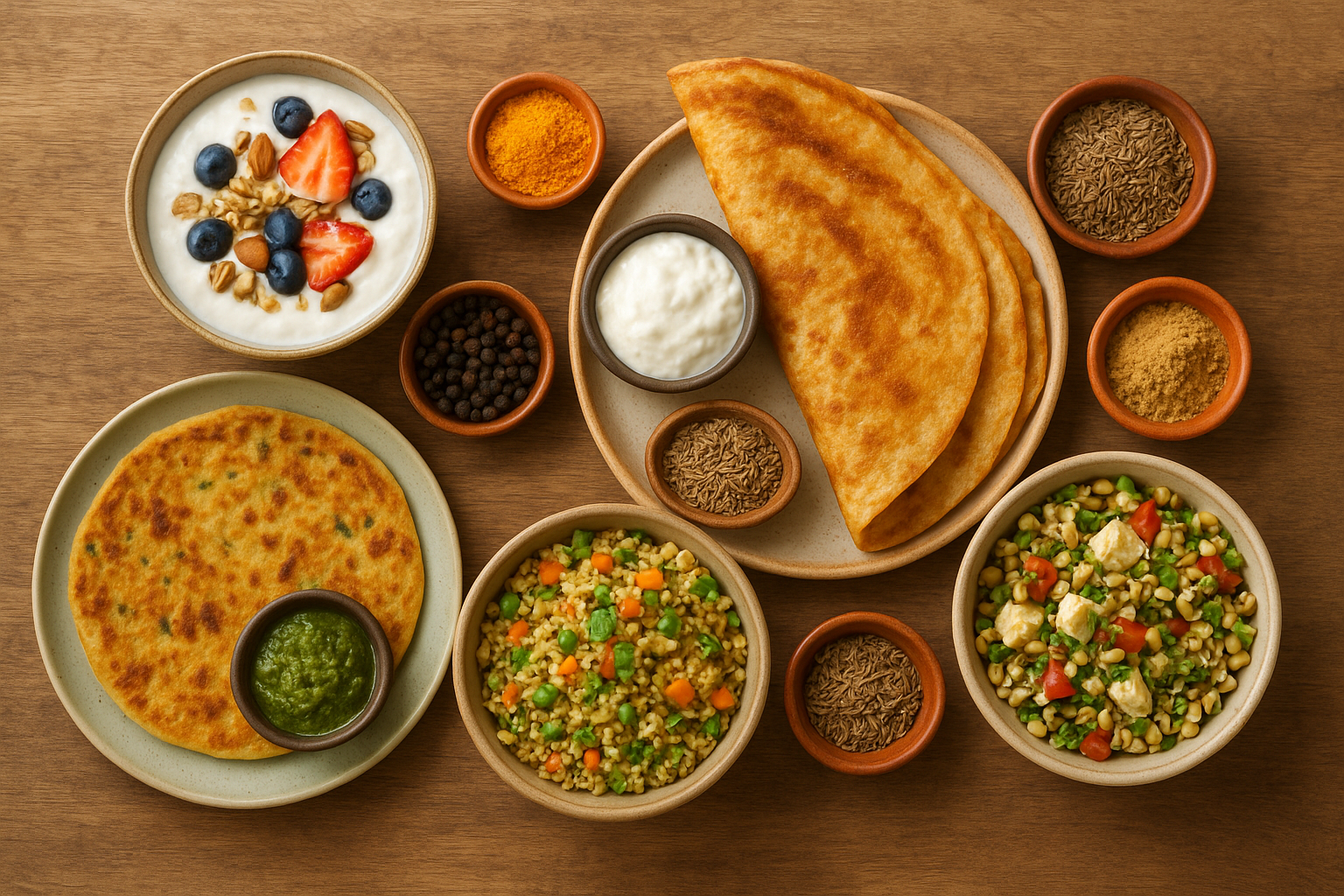 Flat lay of Indian high-protein vegetarian breakfast including paneer paratha with chutney, quinoa upma with vegetables, sprouts salad with paneer, Greek yogurt with fruits and nuts, and dosa, arranged with spices like turmeric, cumin, and black pepper.