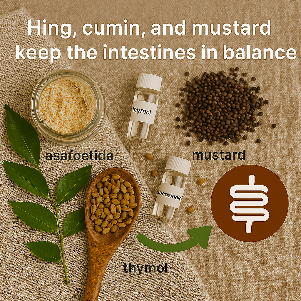 Flat-lay image of asafoetida powder in a glass jar, cumin seeds in a wooden spoon, and mustard seeds on linen cloth. Two labeled vials (“thymol” and “glucosinolates”) represent digestive compounds. A green arrow points to a stylized intestine icon. Text overlay reads: “Hing, cumin, and mustard keep the intestines in balance.”