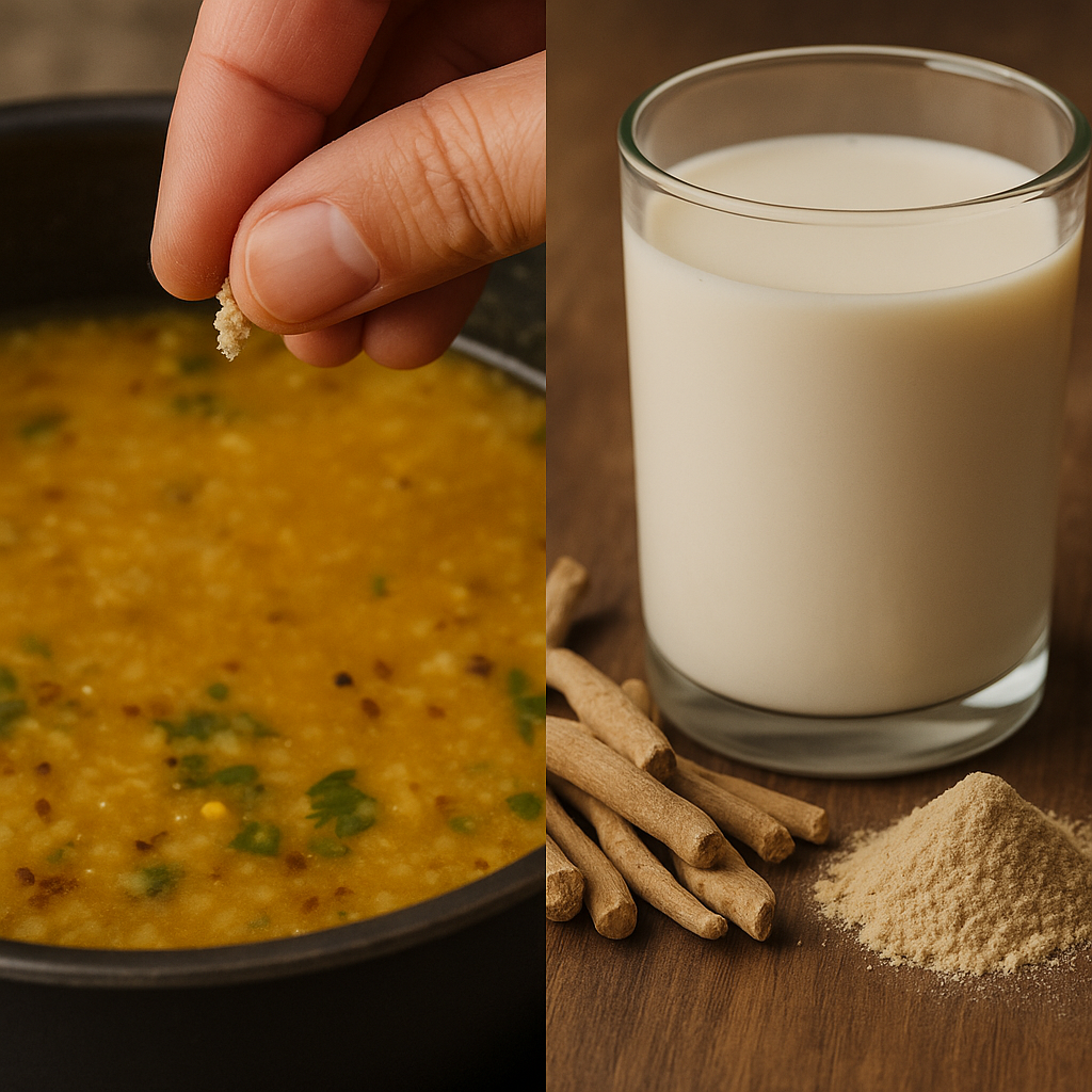 "A hand sprinkling hing into a pot of dal on the left, and a glass of warm milk with ashwagandha roots and powder on the right."
