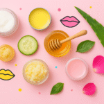 Flat-lay of natural lip balm ingredients like coconut oil, honey, aloe vera, cucumber, shea butter, and rose petals on a pink background with doodle lips.