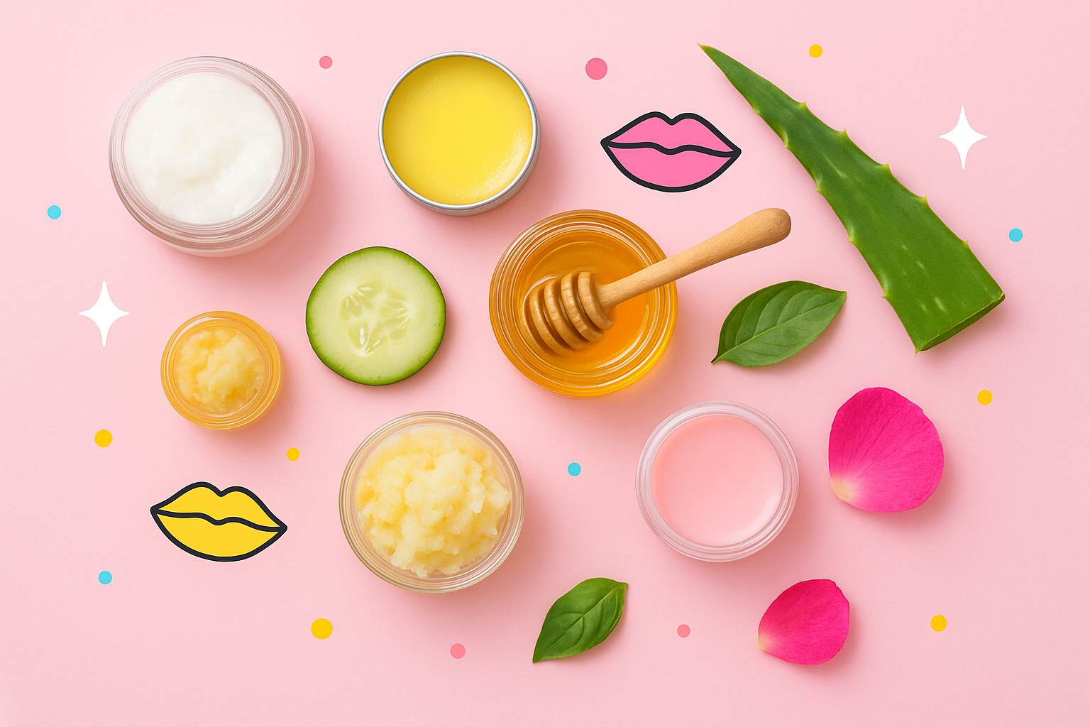 Flat-lay of natural lip balm ingredients like coconut oil, honey, aloe vera, cucumber, shea butter, and rose petals on a pink background with doodle lips.