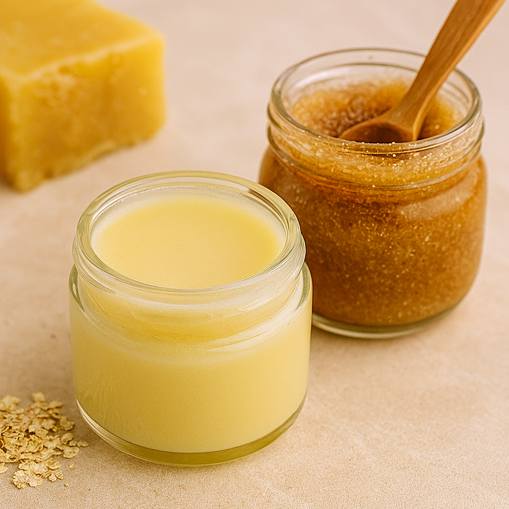 Two glass jars on a beige stone surface—one filled with creamy homemade balm made from oils, shea butter, and beeswax, and the other with a golden honey and sugar scrub, featuring a small wooden spoon.
