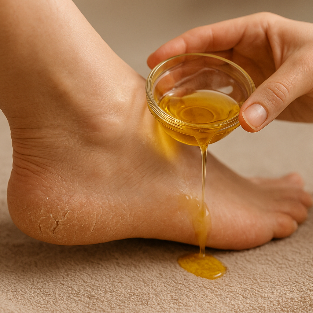A cracked heel being treated with golden oil poured from a small glass bowl